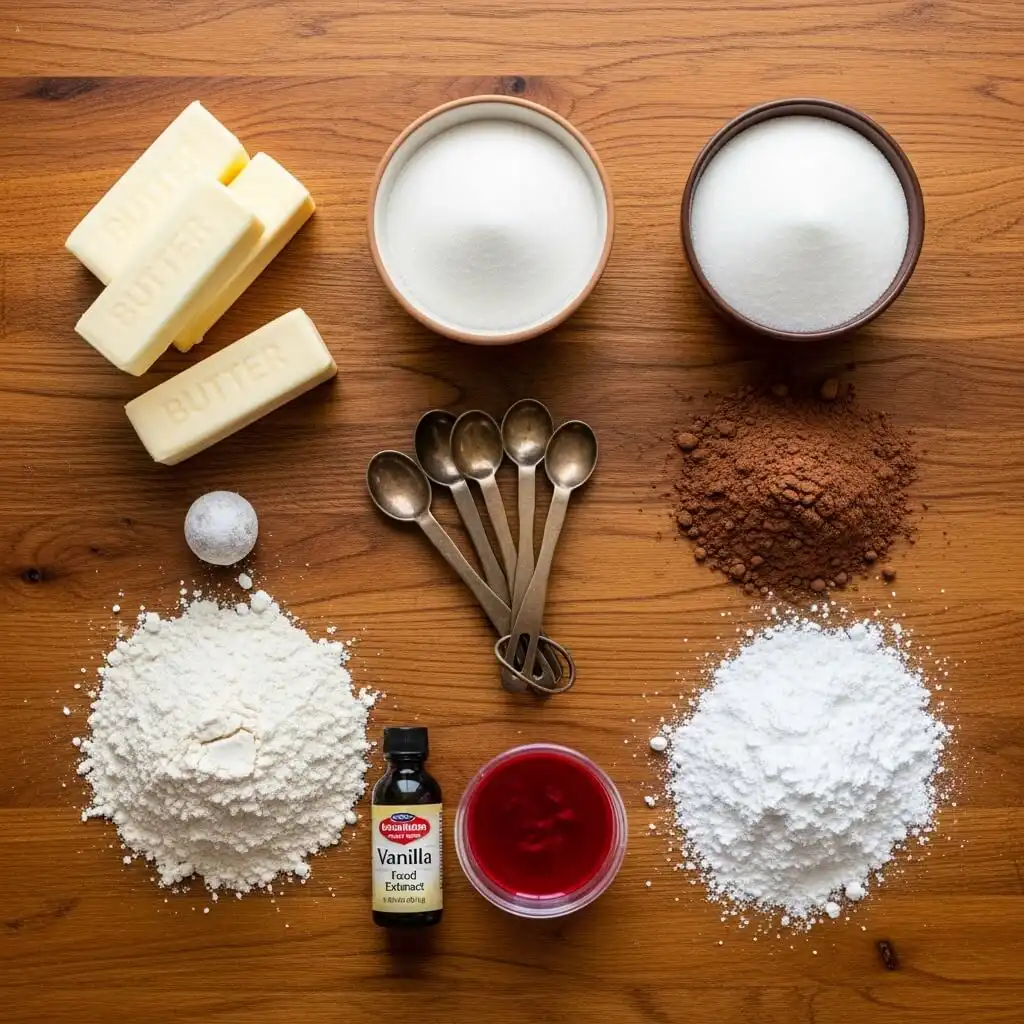 Red Velvet Snowballs ingredients flat lay