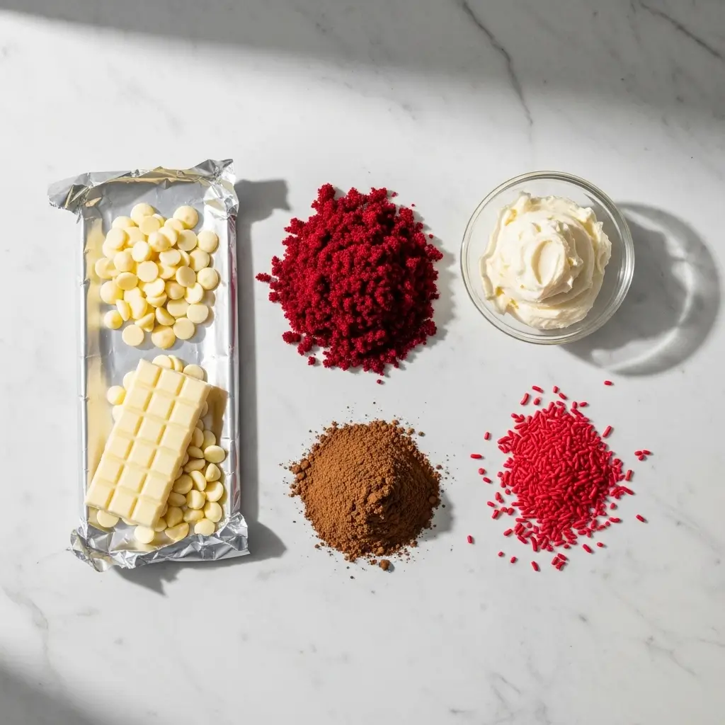 Ingredients for Valentine’s Day Red Velvet Truffles: cake crumbs, frosting, white chocolate, cocoa powder, and sprinkles