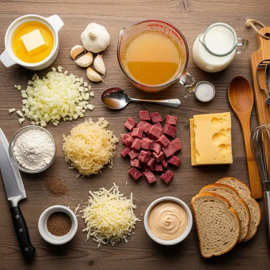 Ingredients for Reuben Soup on a wooden countertop