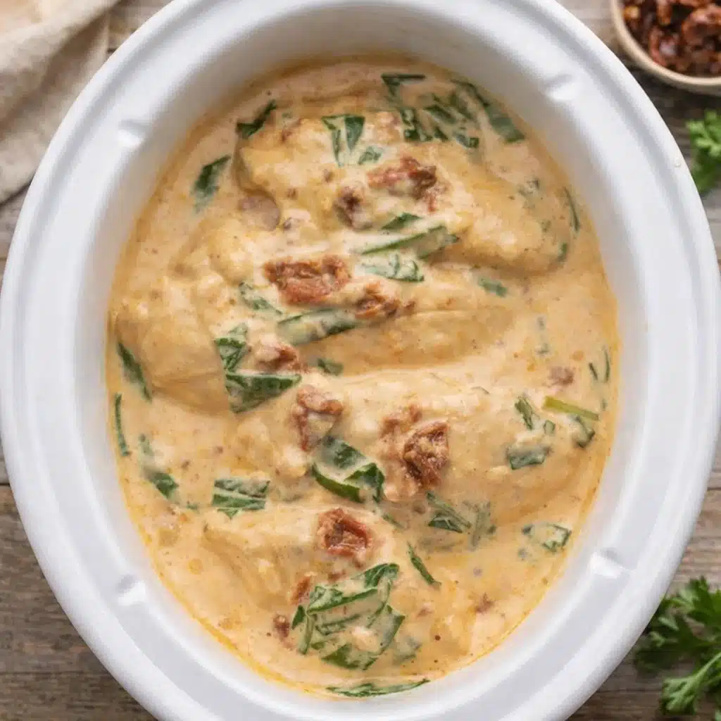 Rich Crockpot Tuscan Chicken in creamy sun-dried tomato sauce