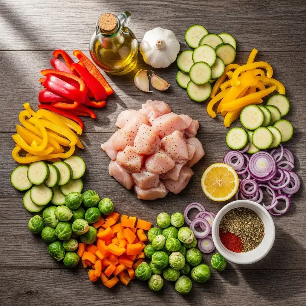 Raw ingredients for 20-Minute Easy Roasted Chicken and Vegetables