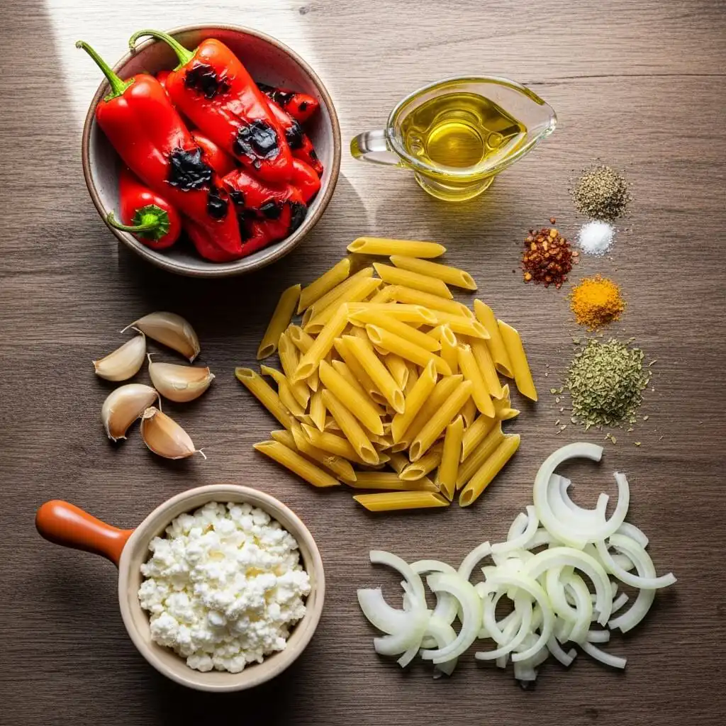 Ingredients for High Protein Creamy Roasted Red Pepper Pasta