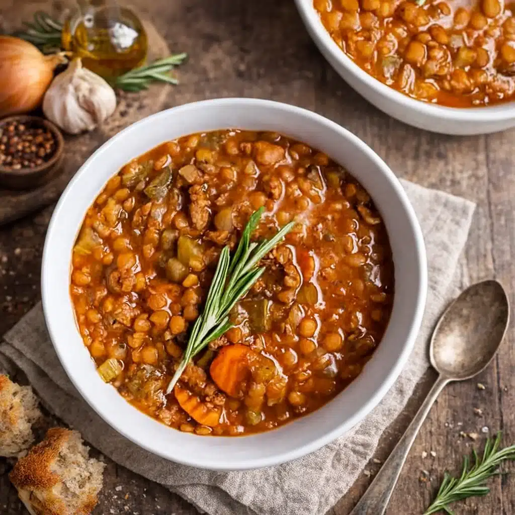 Sausage and Lentil Soup in a bowl with herbs
