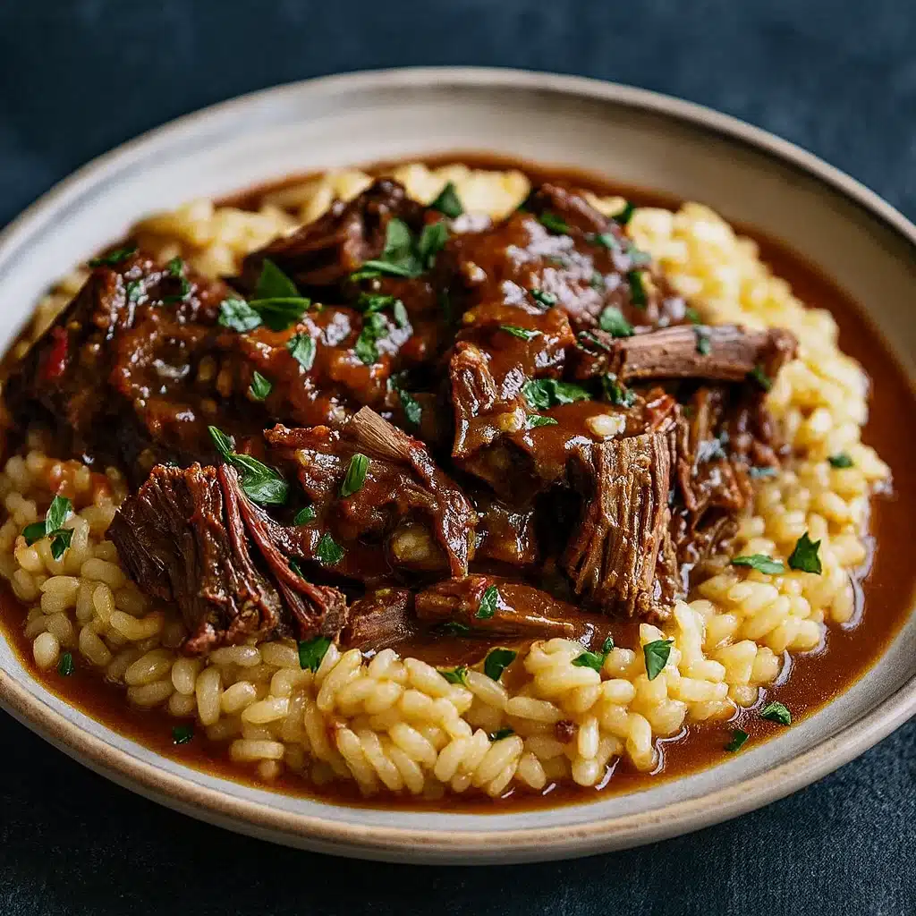 Slow-Braised Pot Roast with Risotto on rustic plate