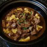 Slow Cooker Beef and Noodles in a white bowl with tender beef and noodles