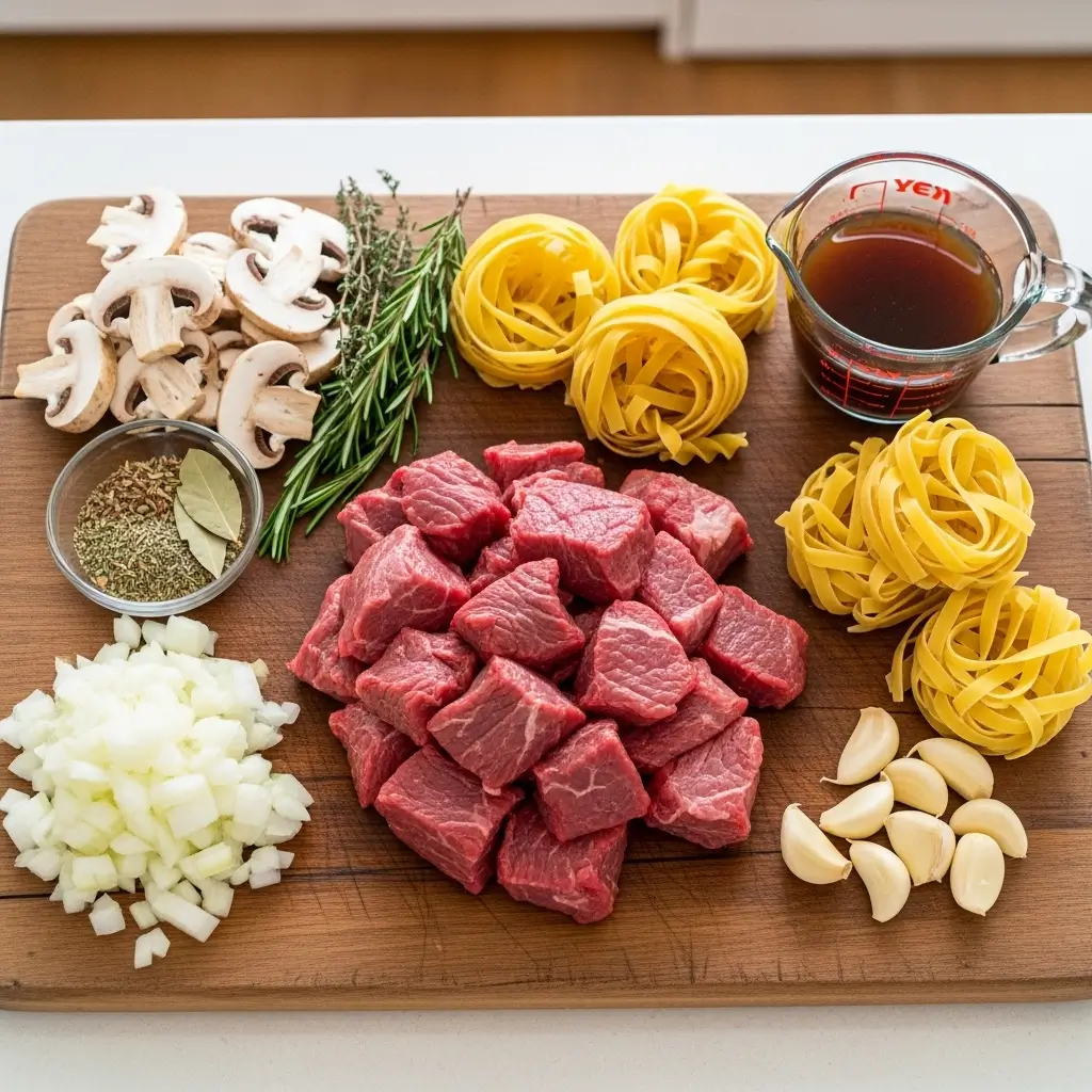 Ingredients for Slow Cooker Beef and Noodles on kitchen counter
