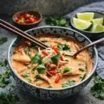 Slow Cooker Thai Chicken Noodle Soup in a steaming bowl