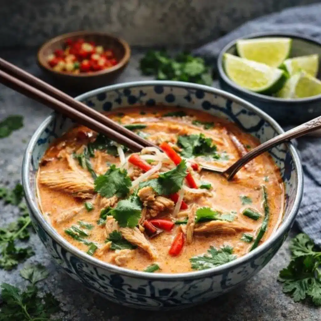 Slow Cooker Thai Chicken Noodle Soup in a steaming bowl