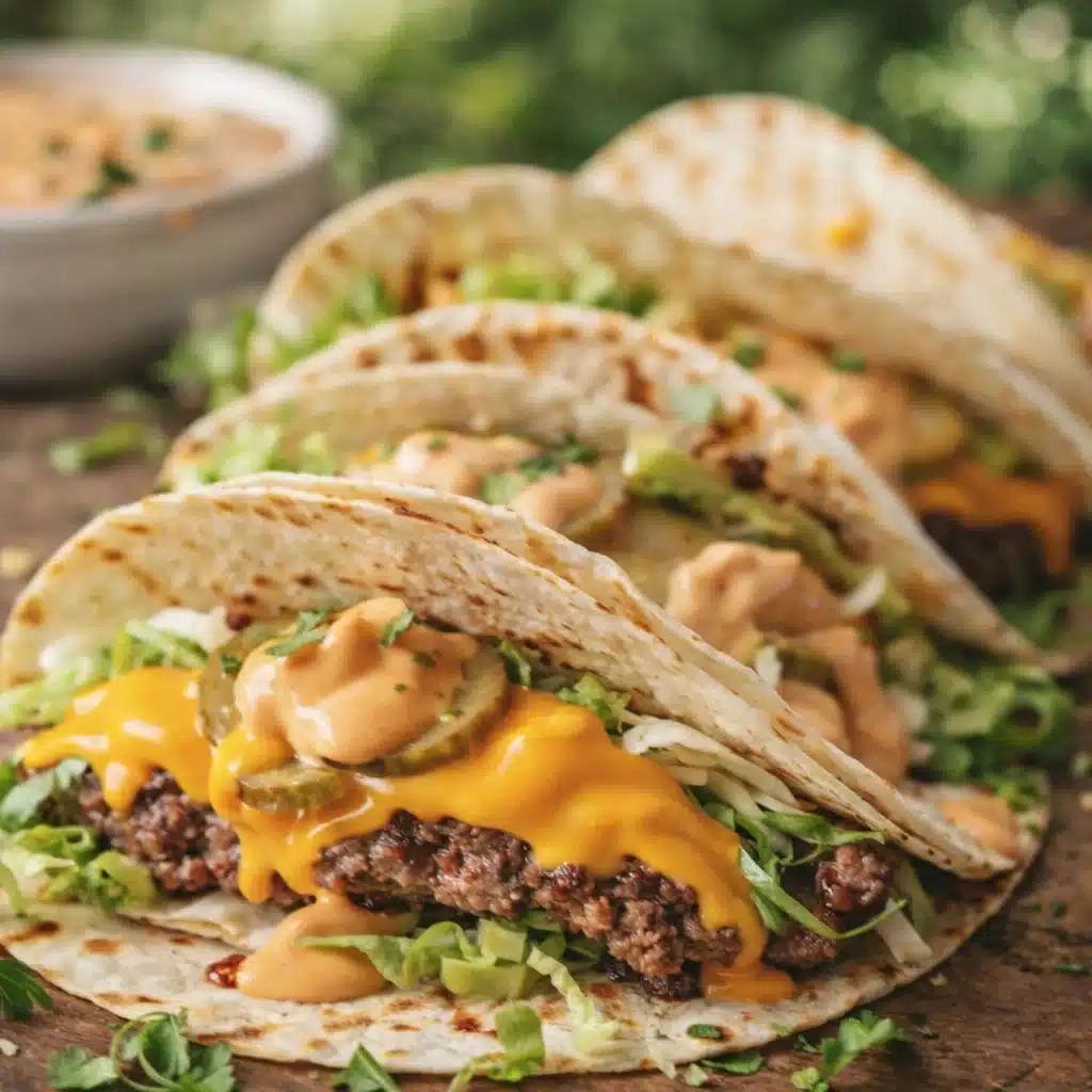 Smash Burger Tacos on wooden board with cheese and pickles