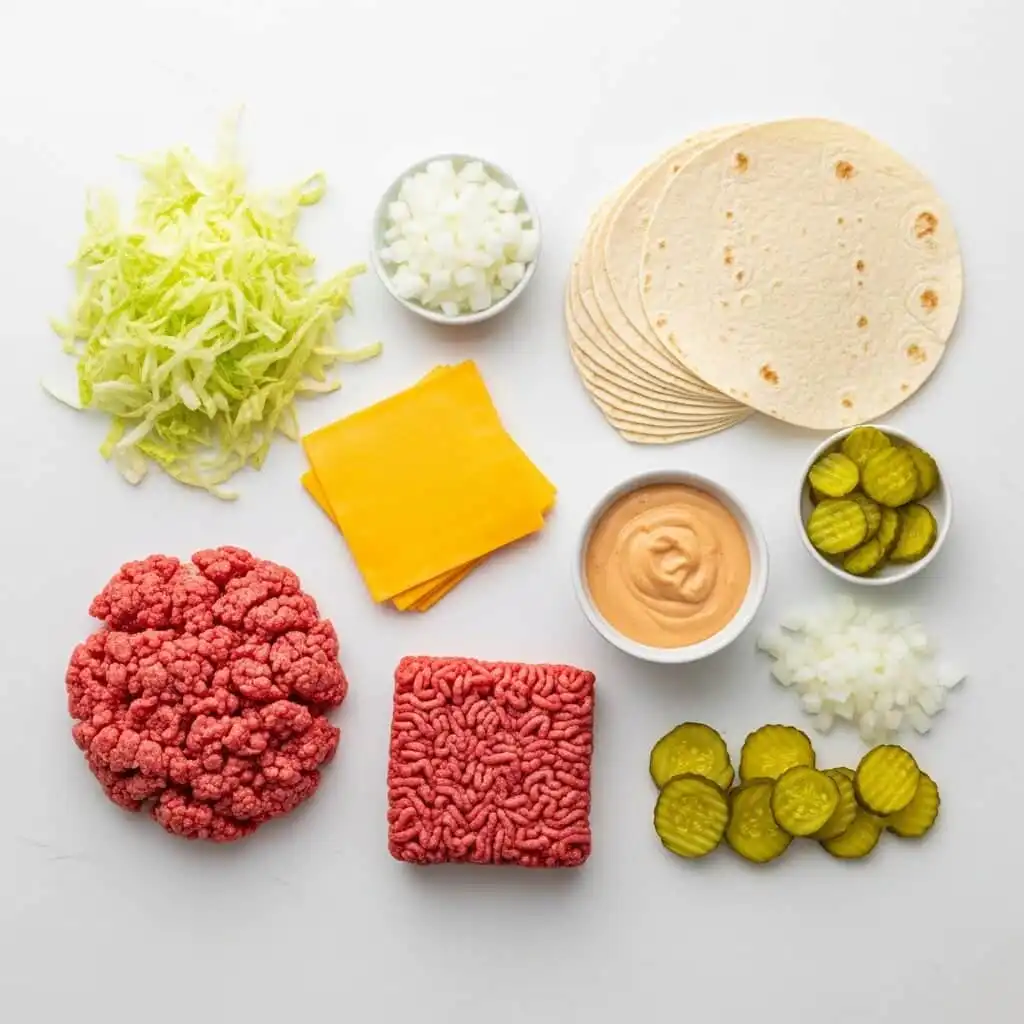 Smash Burger Tacos Ingredients laid out on counter
