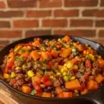 Southwest Ground Beef Sweet Potato Skillet in skillet