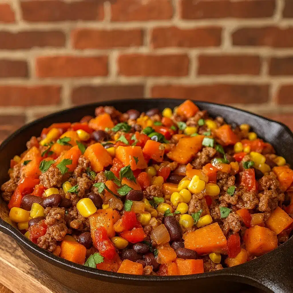 Southwest Ground Beef Sweet Potato Skillet in skillet