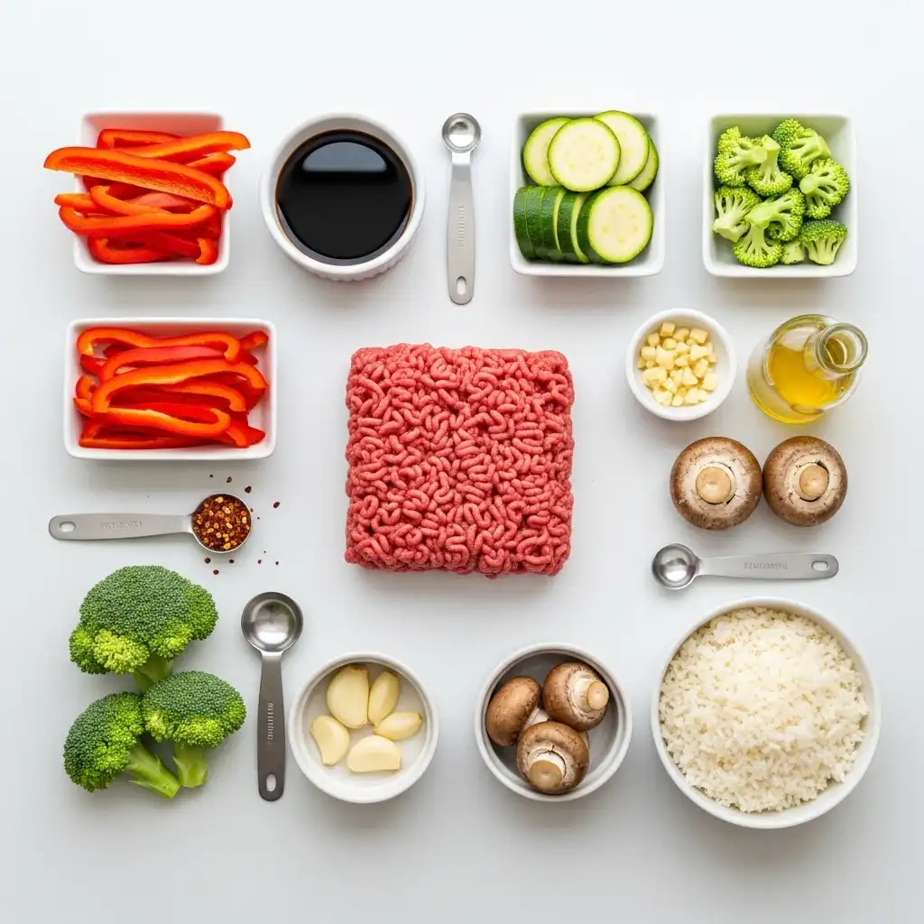 spicy ground beef stir-fry ingredients flat lay