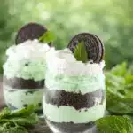 St Paddy’s Day Mint Cheesecake Cups on festive dessert table