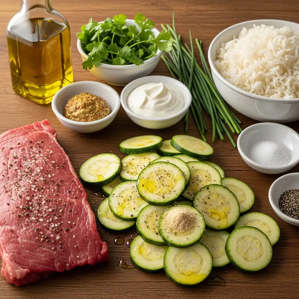Ingredients for Grilled Steak Bowl with Sauce and Zucchini