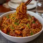 Sticky Garlic Chicken Noodles in a bowl with garnish