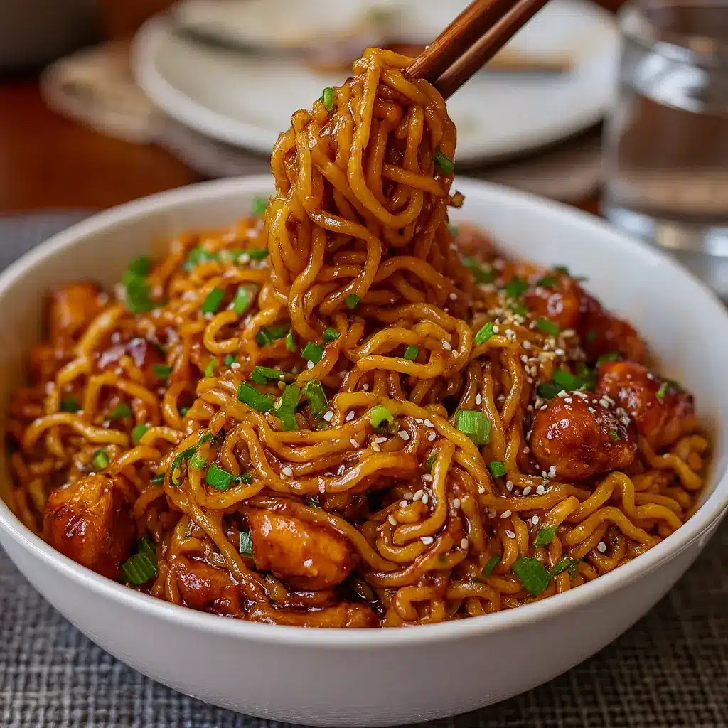 Sticky Garlic Chicken Noodles in a bowl with garnish