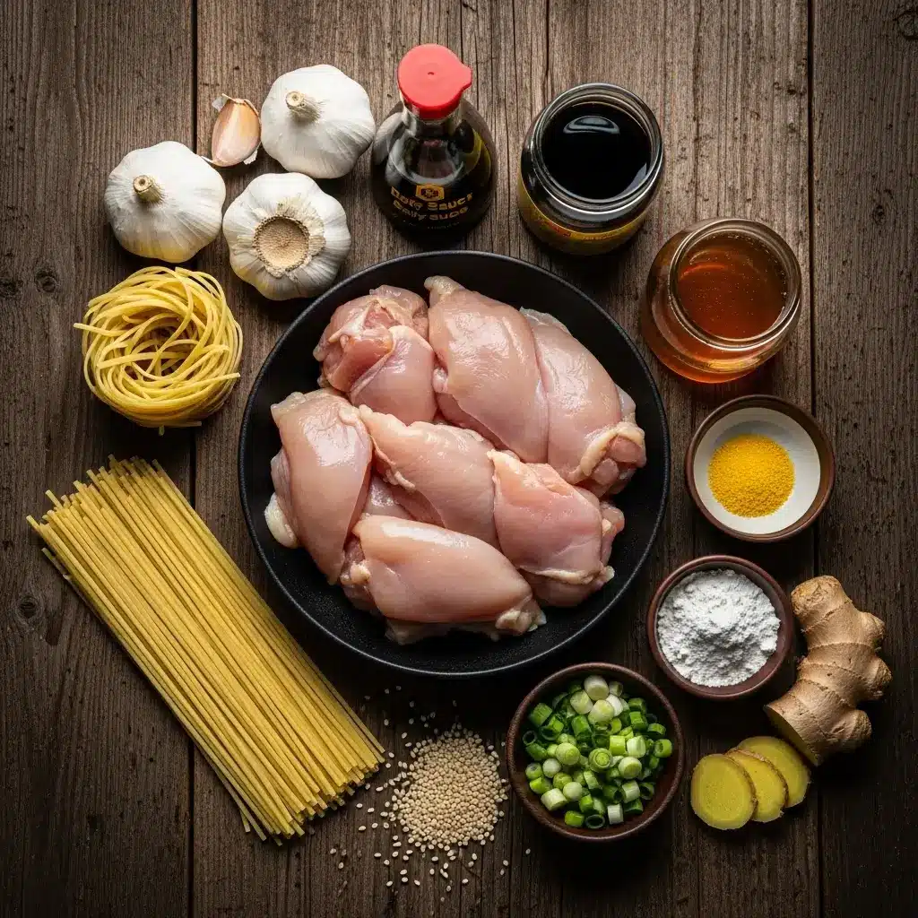 Ingredients for Sticky Garlic Chicken Noodles laid out
