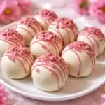 Strawberry Cheesecake Truffle Balls on a plate with white chocolate drizzle