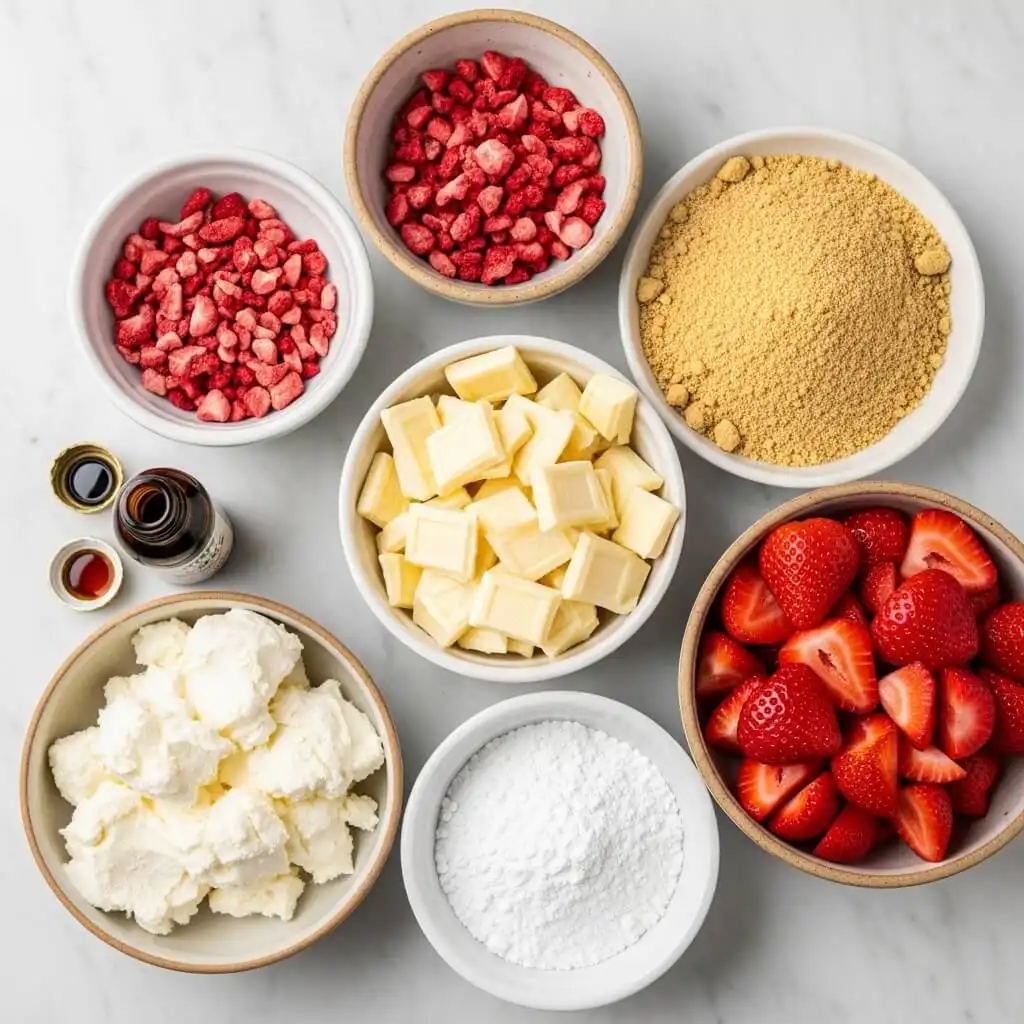 Ingredients for making strawberry cheesecake truffle balls on a countertop