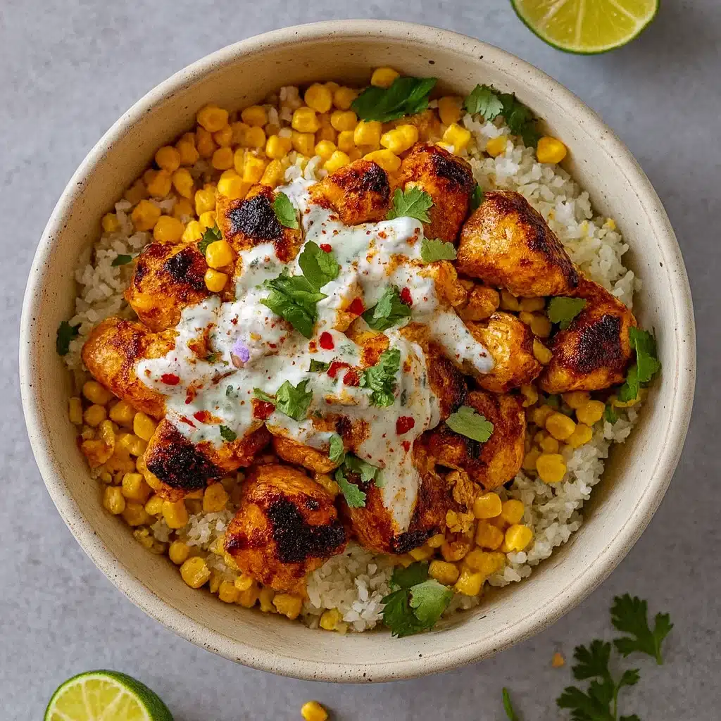 Street Corn Chicken Rice Bowl served with Cotija and lime
