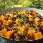 Sweet Potato and Ground Beef Skillet hot from the pan
