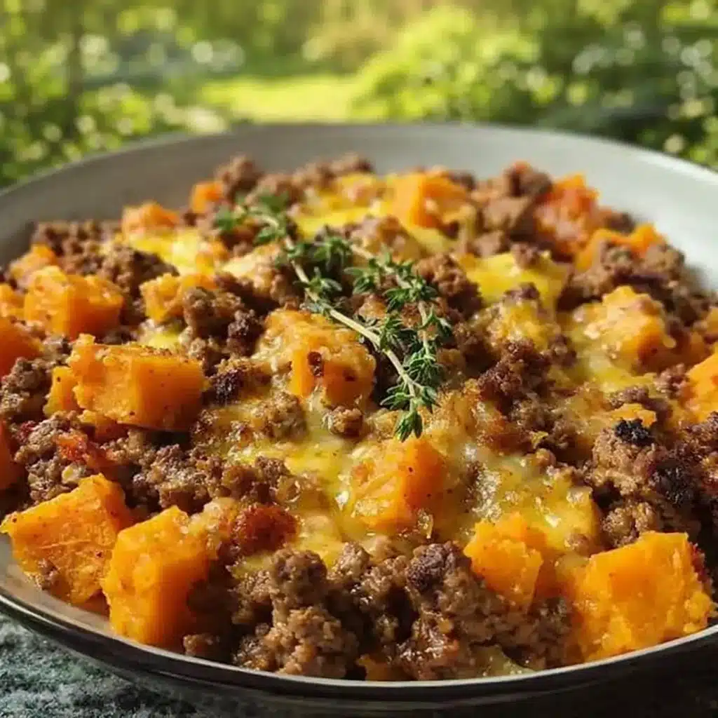 Sweet Potato and Ground Beef Skillet hot from the pan