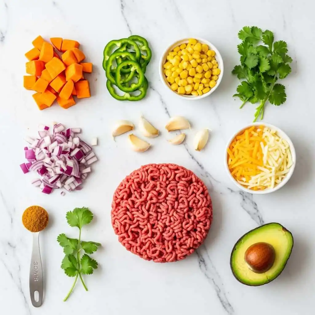 Sweet potato and ground beef skillet ingredients flat lay