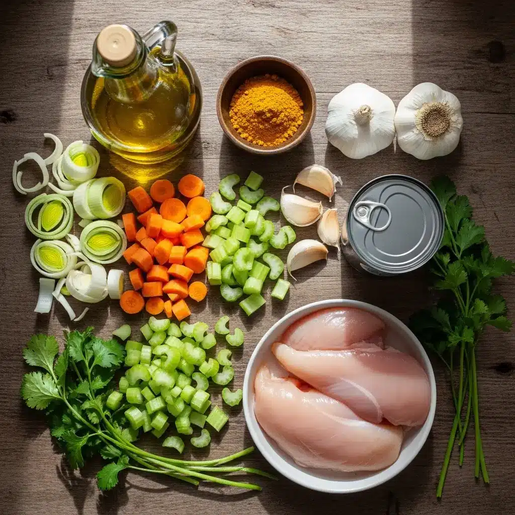 turmeric chicken soup ingredients flat lay