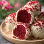 Valentine’s Day Red Velvet Truffles with white chocolate coating and sprinkles