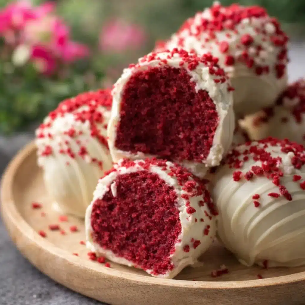 Valentine’s Day Red Velvet Truffles with white chocolate coating and sprinkles