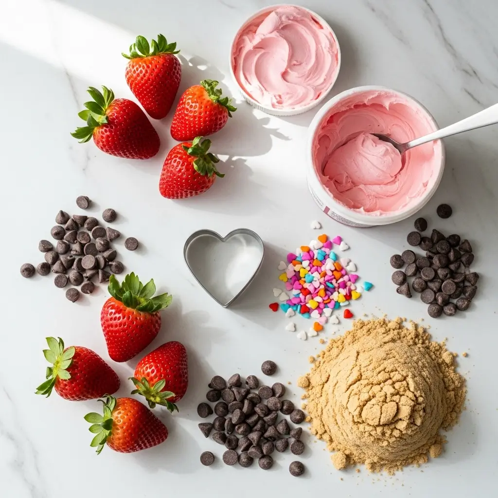 Ingredients for chocolate strawberries and heart cakes