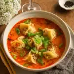 Wonton soup with spicy broth in a rustic bowl