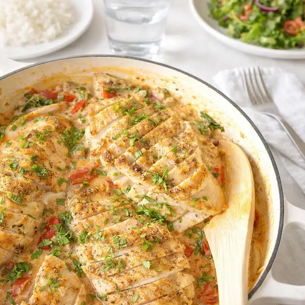 Baked Boursin Chicken with Spinach and Tomatoes in skillet