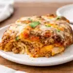 Beef Enchilada Casserole with Corn Tortillas baked in a dish