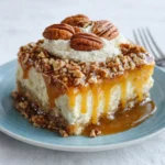 Best Butter Pecan Praline Poke Cake slice with caramel and pecans
