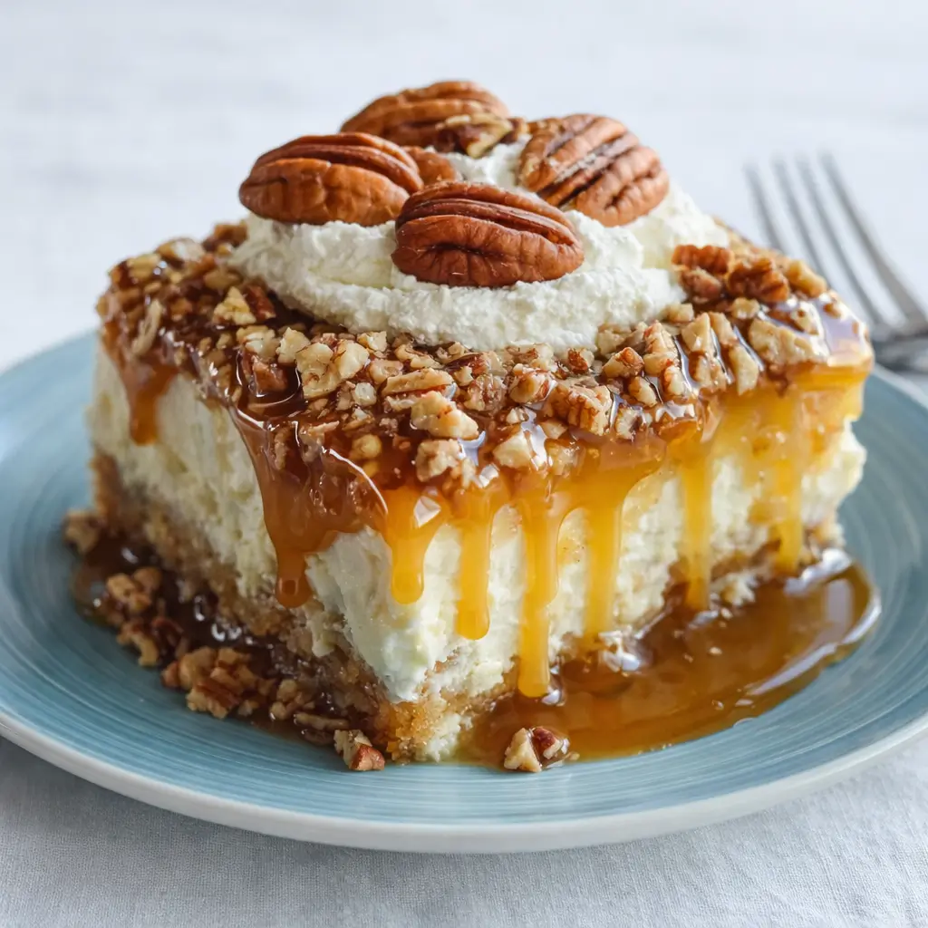 Best Butter Pecan Praline Poke Cake slice with caramel and pecans