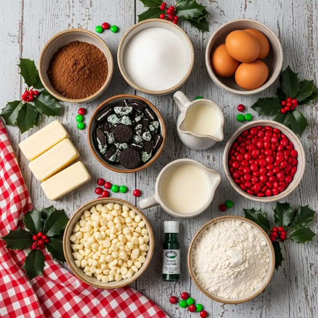 Ingredients for Best Grinch Brownies on kitchen counter