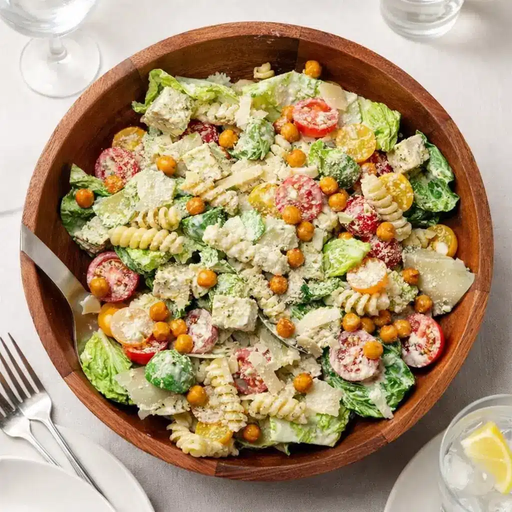 Chicken Caesar Pasta Salad recipe in white bowl