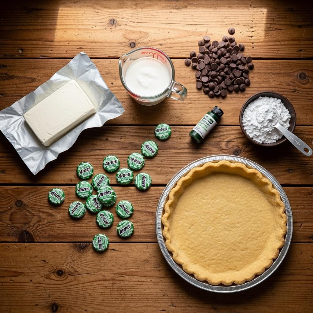 Ingredients for Chocolate Mint Pie laid out on counter