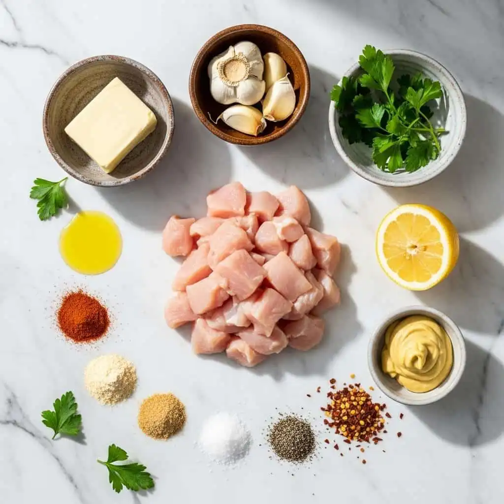 Ingredients for Cowboy Butter Chicken Bites laid out on a marble surface