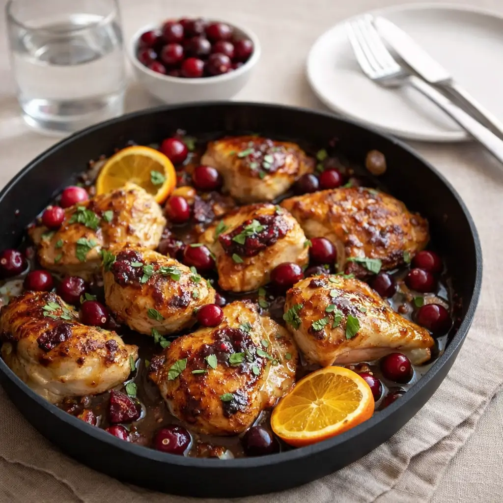 Cranberry Orange Chicken plated with sauce and herbs