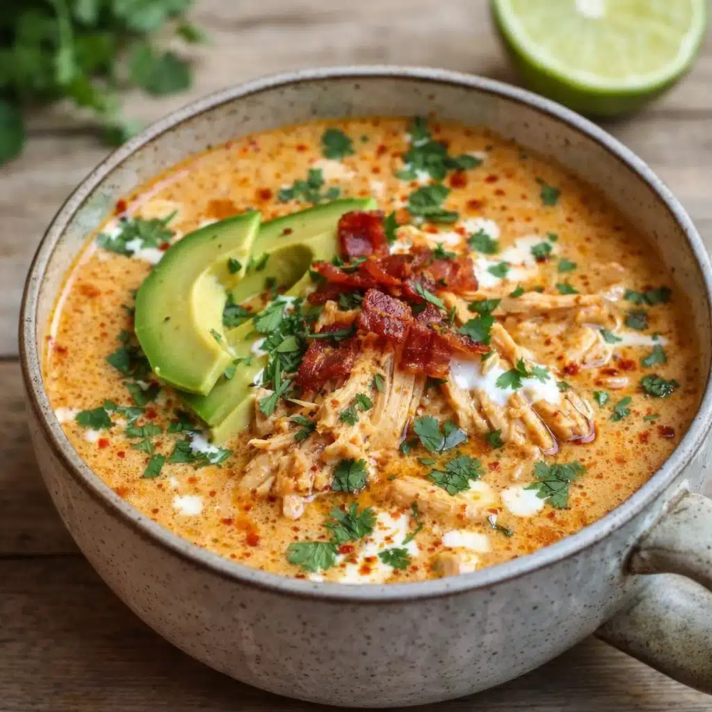 Creamy Chicken Enchilada Soup in a bowl with tortilla chips