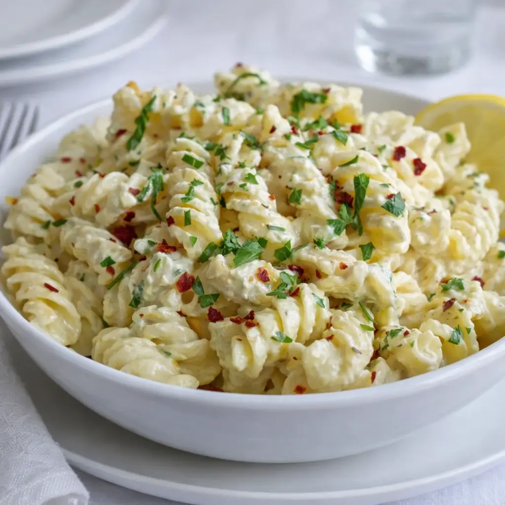 Creamy Pasta Salad in bowl with herbs and peas