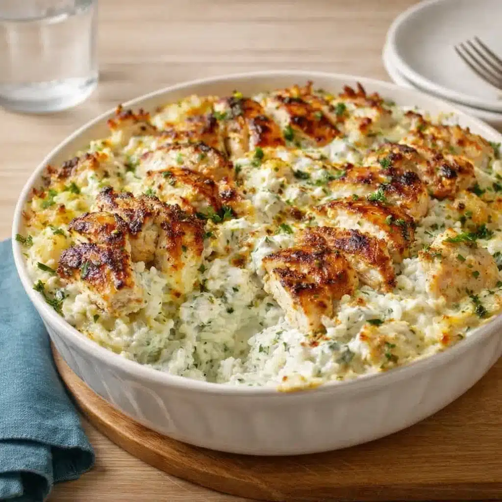 Dump and Bake Chicken Tzatziki Casserole fresh from oven