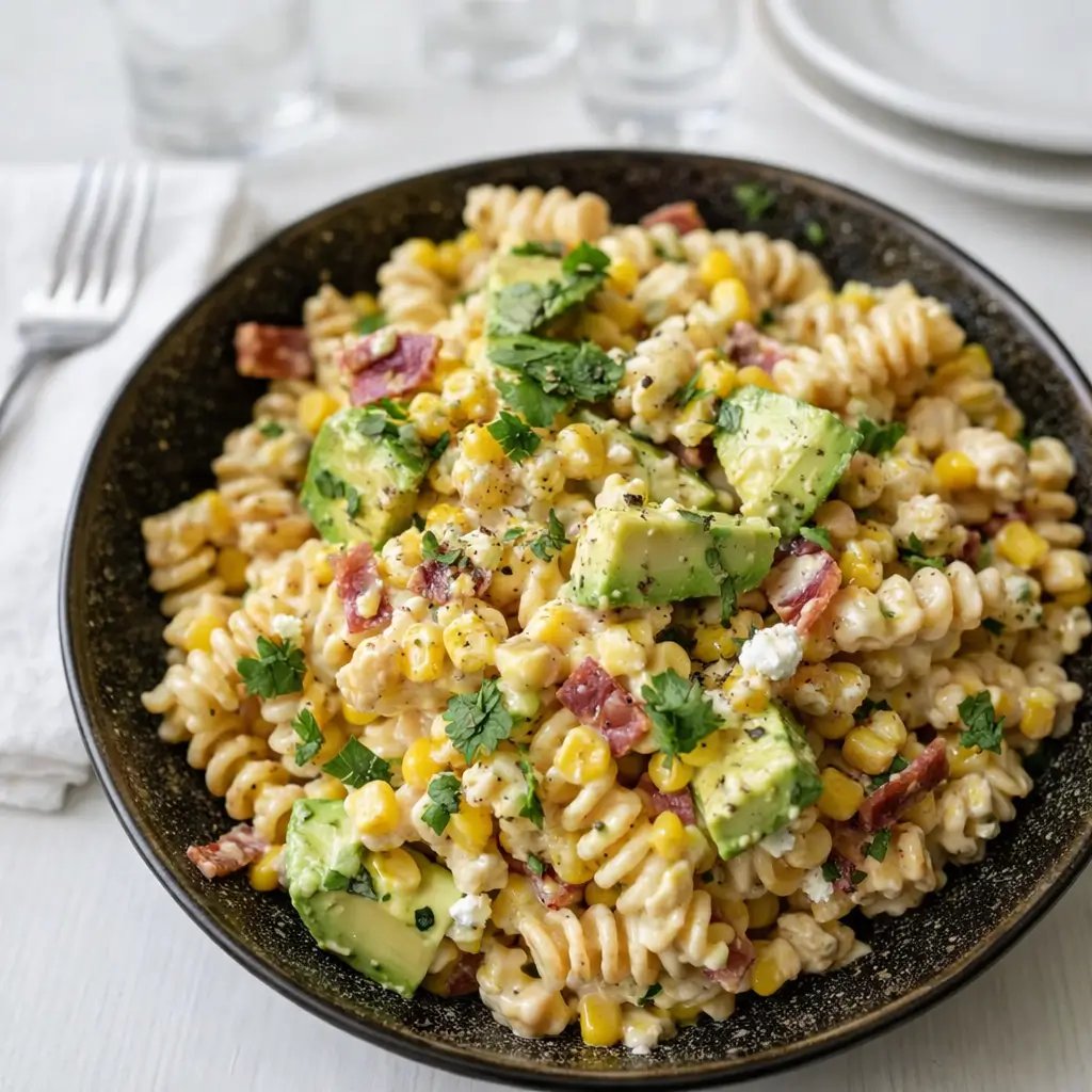 Easy Mexican Street Corn Pasta Salad served in a rustic bowl