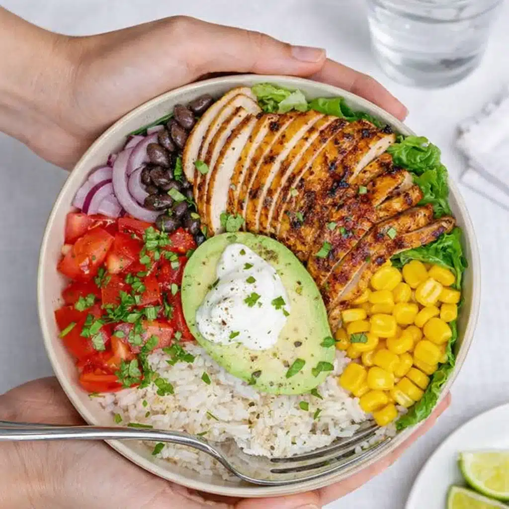Grilled Chicken Burrito Bowl with rice and avocado