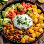 Ground Beef and Potato Taco Bowl with toppings