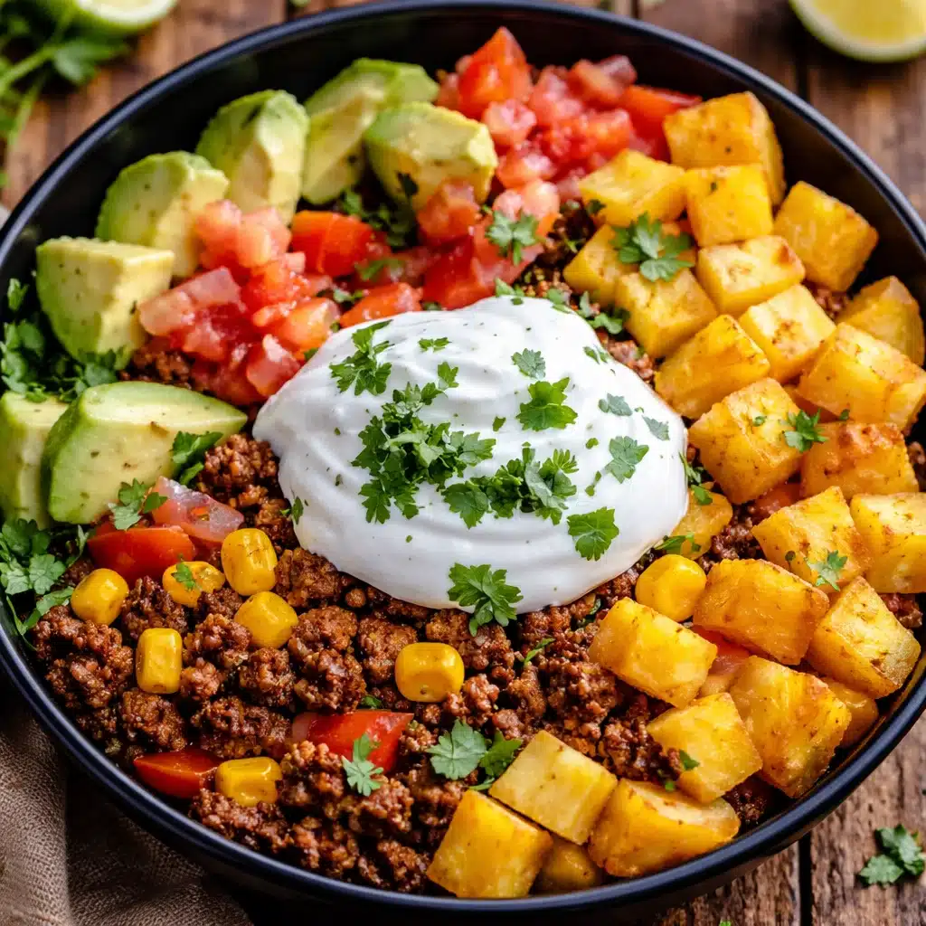Ground Beef and Potato Taco Bowl with toppings