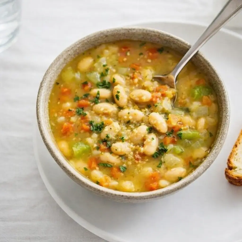 Ina Garten Tuscan White Bean Soup in Rustic Kitchen
